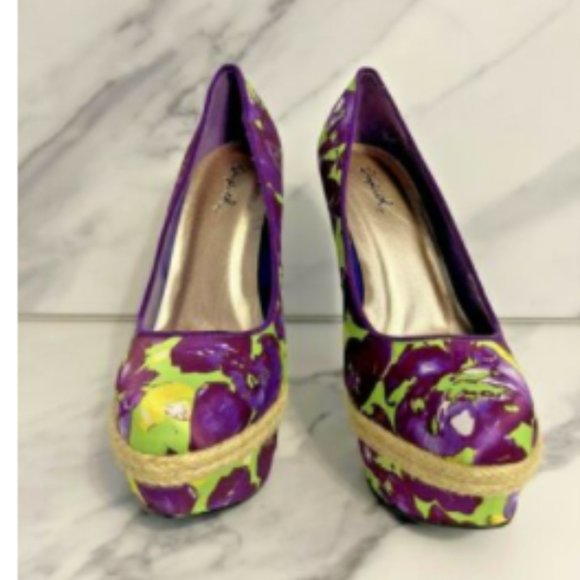 Purple & Green Floral Almond Toe Stiletto Platform - Picture 2 of 8
